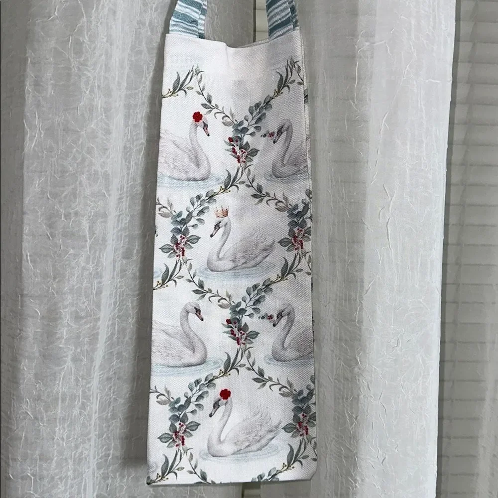 Sincerely Santa White Green Red Christmas Swans Canvas Wine Gift Bag